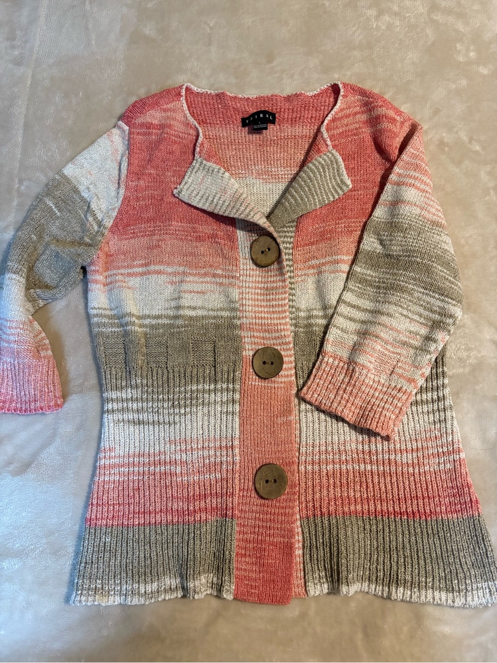 Tribal Colorblock Knit Cardigan in Coral, Gray & Cream